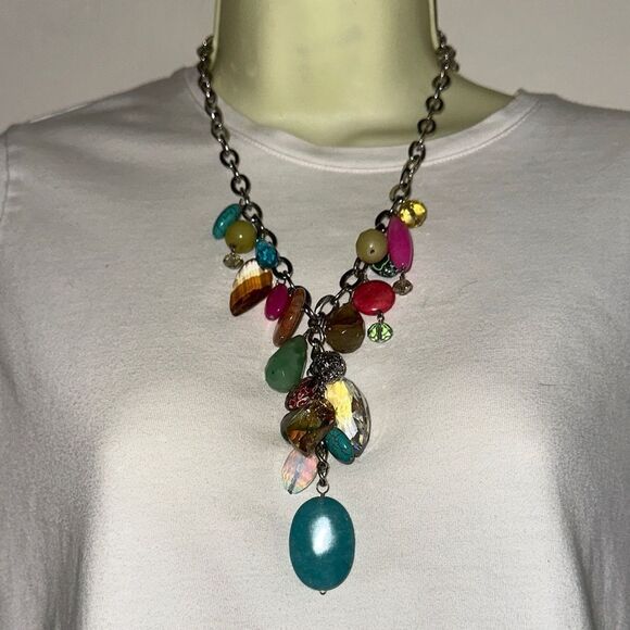 Vibrant Chunky Multicolor Beaded Necklace on Silver Tone Chain - Picture 2 of 3